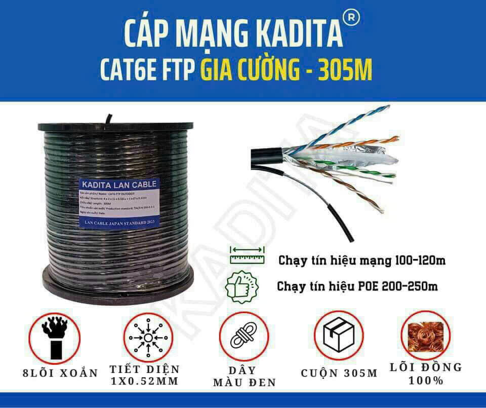 Cáp mạng ngoài trời Cat6E Kadita bấm sẵn đầu lõi đồng nguyên chất có cáp gia cường treo dây