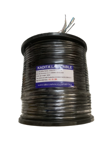 Cáp mạng ngoài trời Cat6E Kadita bấm sẵn đầu lõi đồng nguyên chất có cáp gia cường treo dây