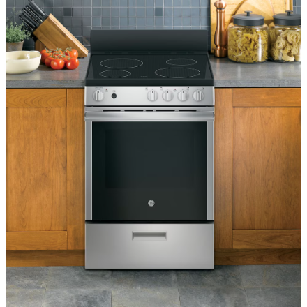 GE 24" JCAS640RMSS Slide-in Electric Range Stainless Steel with Steam clean, Removable backsplash and Storage drawer