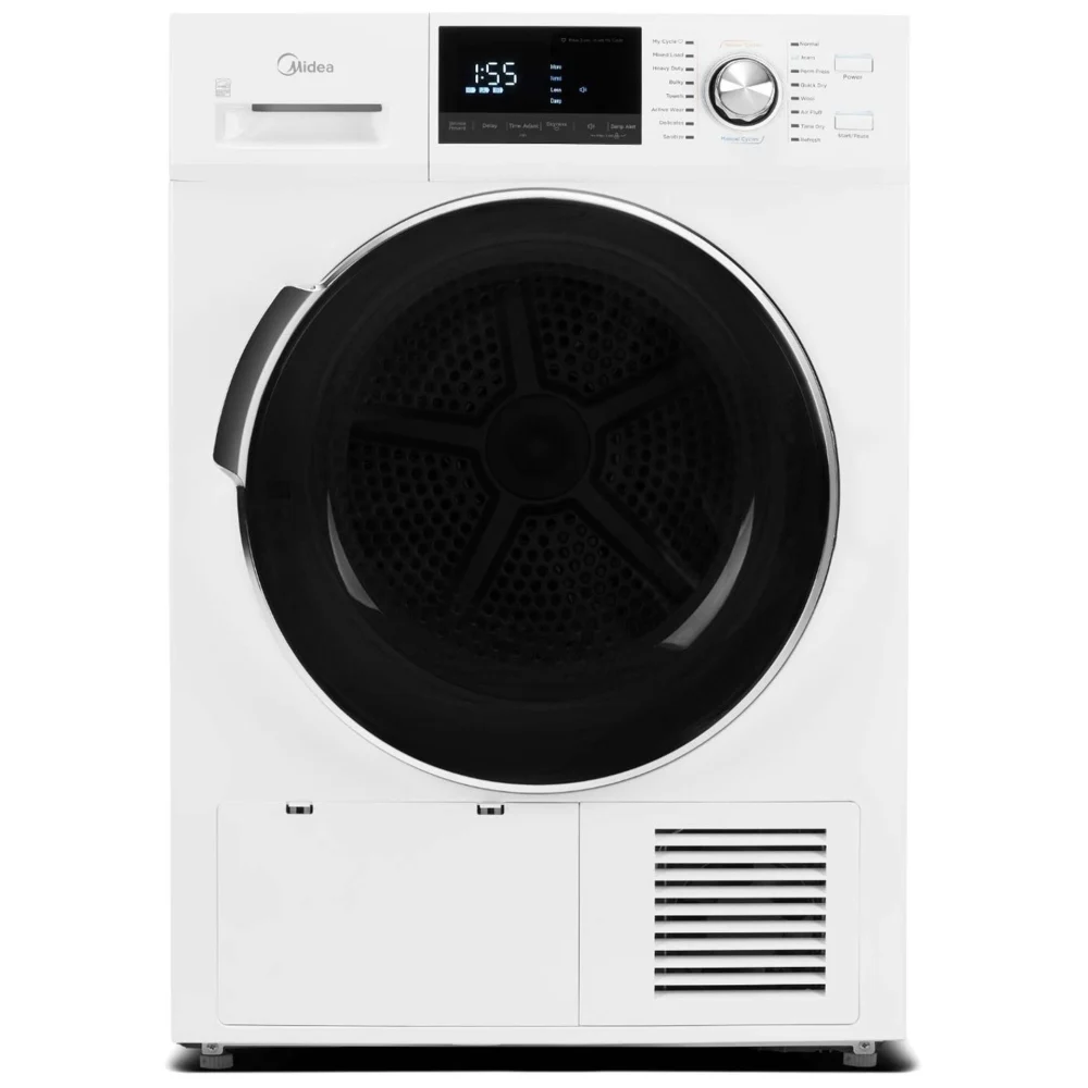 24" Midea MLE27N5AWWC Electric Dryer, 4.4 cu. ft. Dryer Capacity, 4 Temperature Settings, Stackable, Steel Drum, White colour Ventless (Heat Pump)