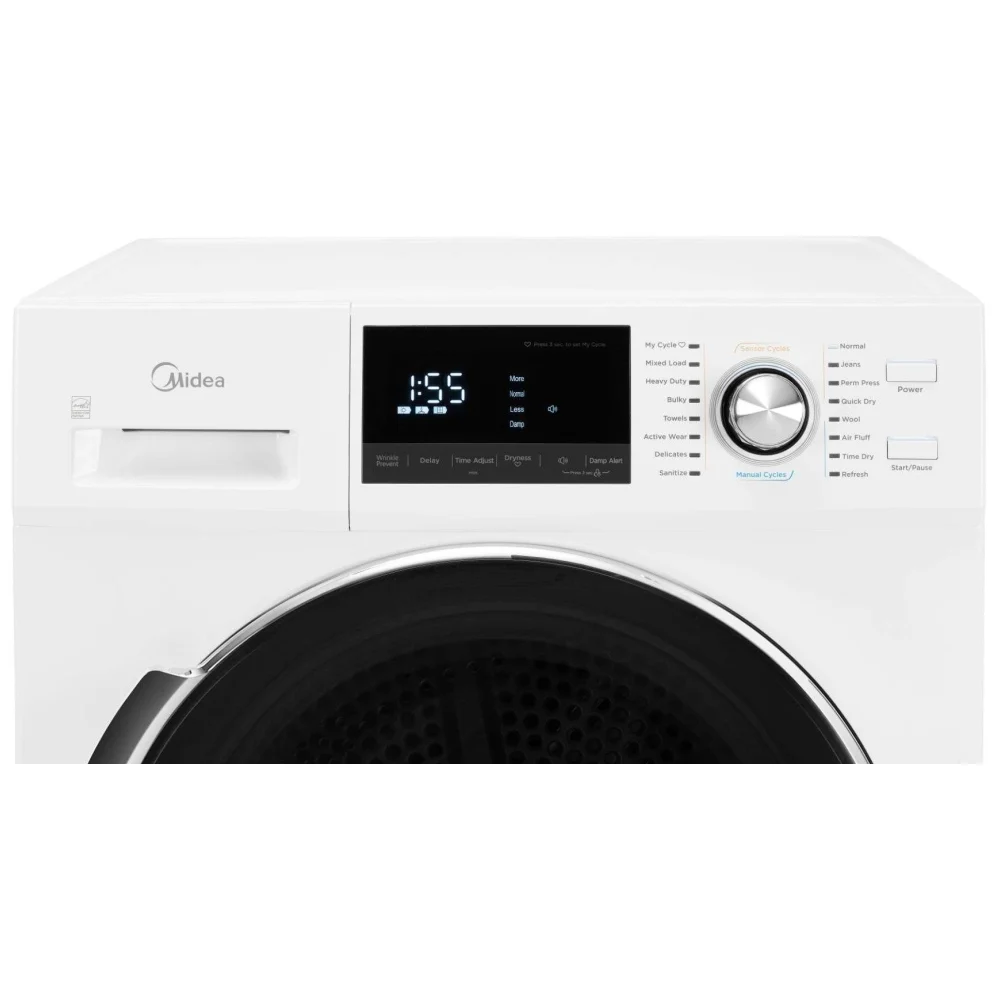 24" Midea MLE27N5AWWC Electric Dryer, 4.4 cu. ft. Dryer Capacity, 4 Temperature Settings, Stackable, Steel Drum, White colour Ventless (Heat Pump)