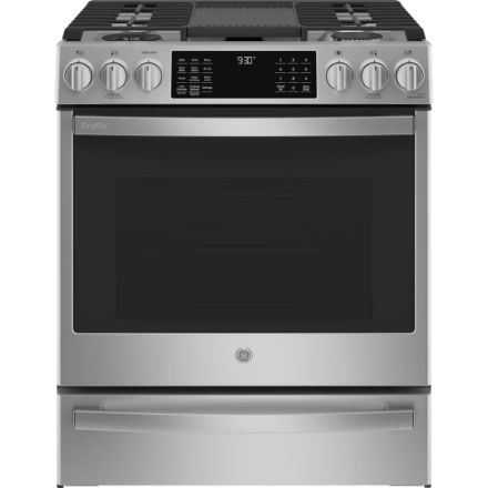 GE Profile PC2S930YPFS 30" Slide-In Smart Dual Fuel Range – True Convection – No Preheat Air Fry – Fingerprint Resistant Stainless Steel