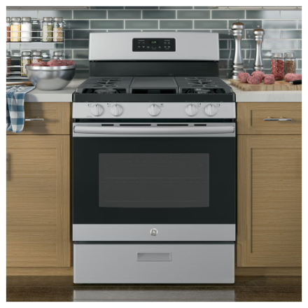 GE 30" Freestanding Gas Range with Precise Simmer Burner Broil drawer Oven in Stainless Steel