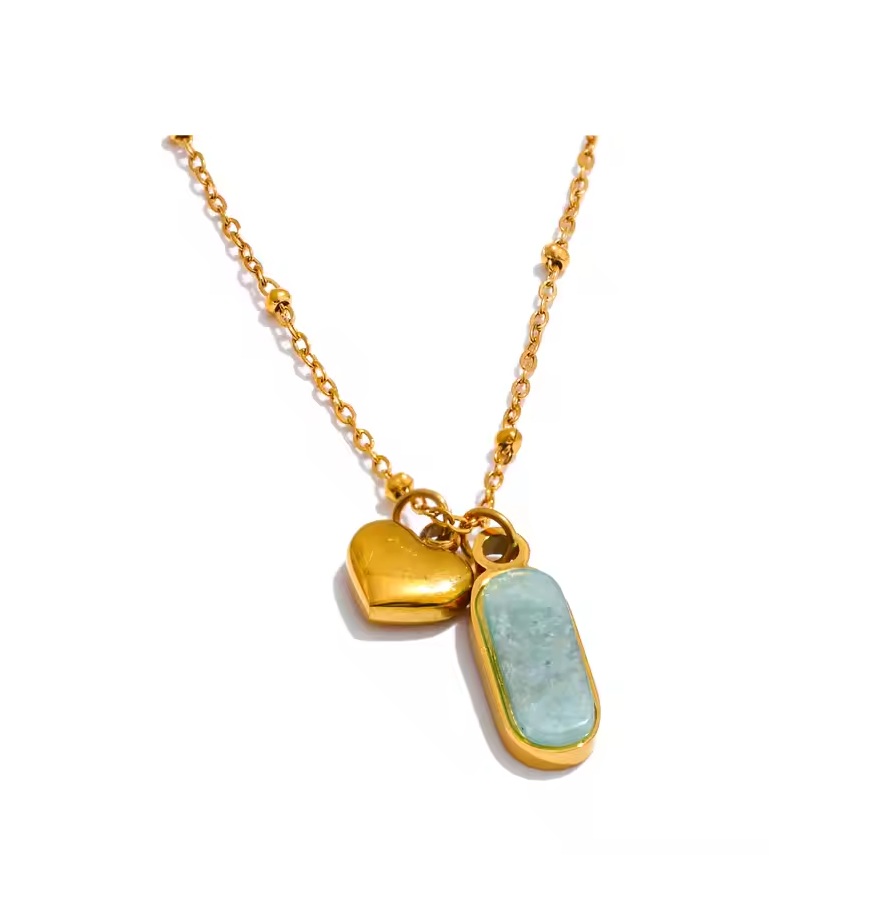 Colar Pingente duplo Coração e Pedra Natural - Dourado