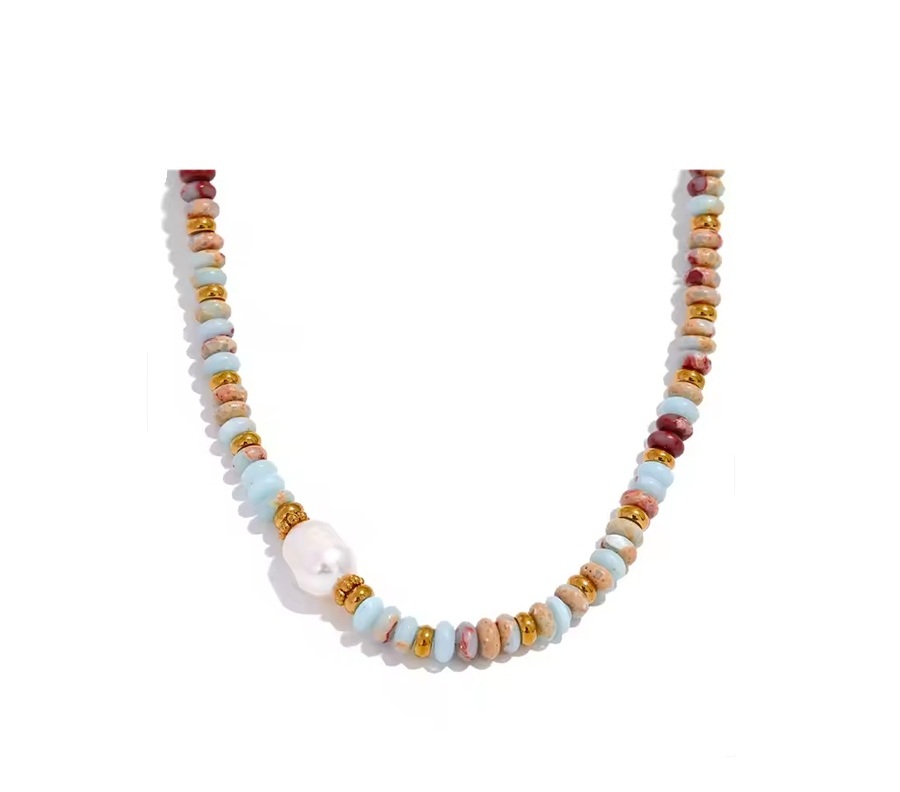 Colar Pedras e Pérola Natural - Dourado