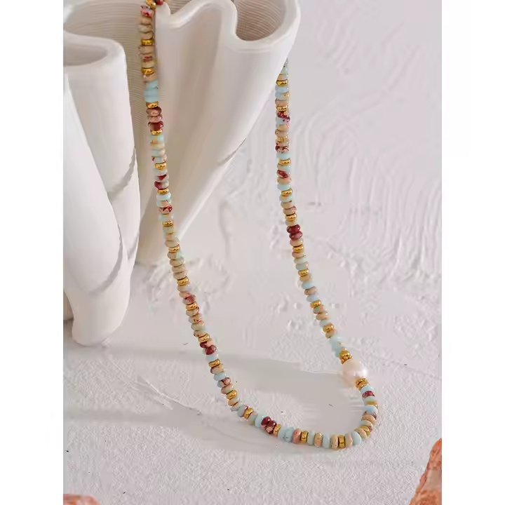 Colar Pedras e Pérola Natural - Dourado