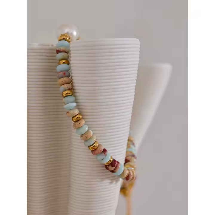 Colar Pedras e Pérola Natural - Dourado