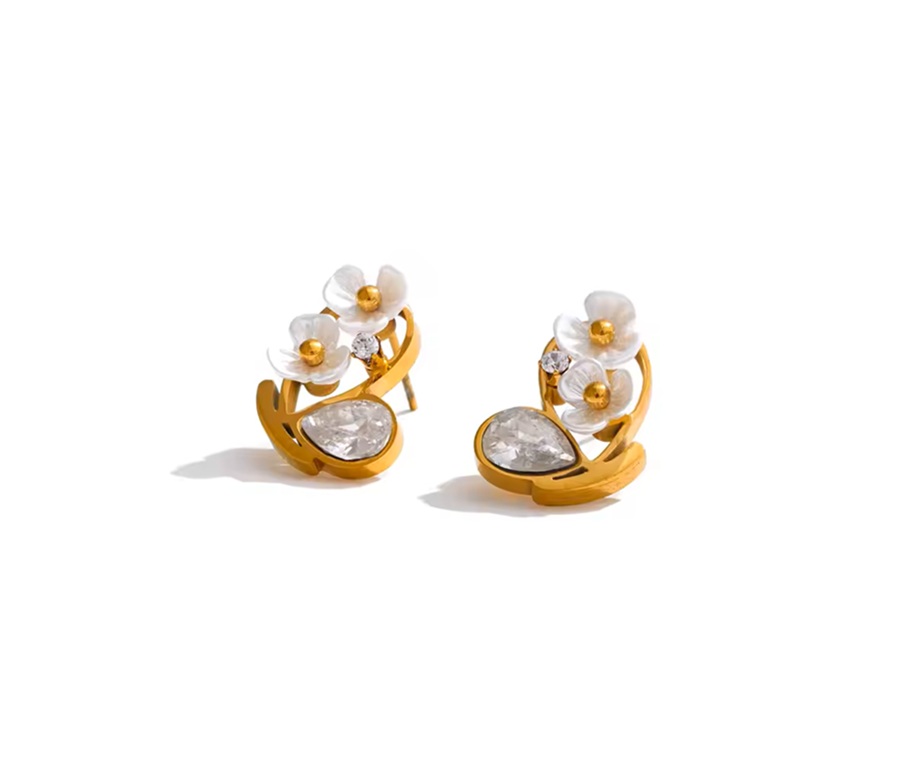 Brincos Flores Zirconia e Madre-Pérola - Dourado