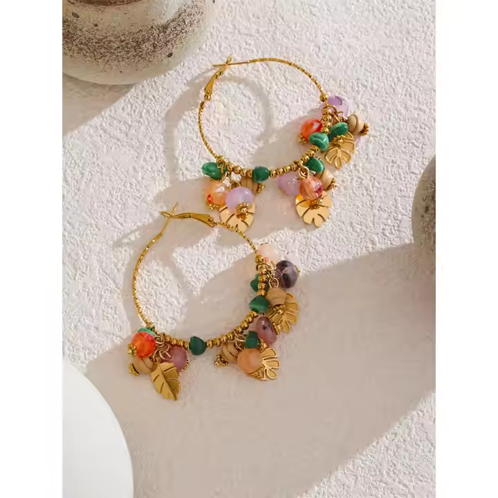 Brincos Argola folhas e pedras naturais - Colorido
