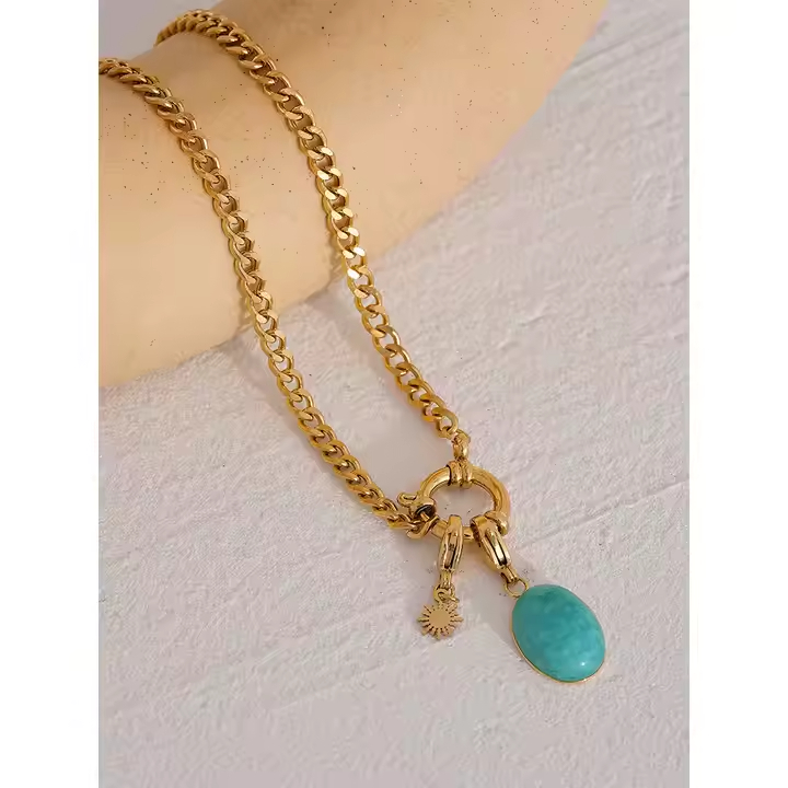 Colar Pingente pedra natural turquesa - Dourado