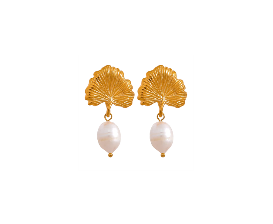 Brincos Folhas Pérola de àgua-doce/Pedra Verde