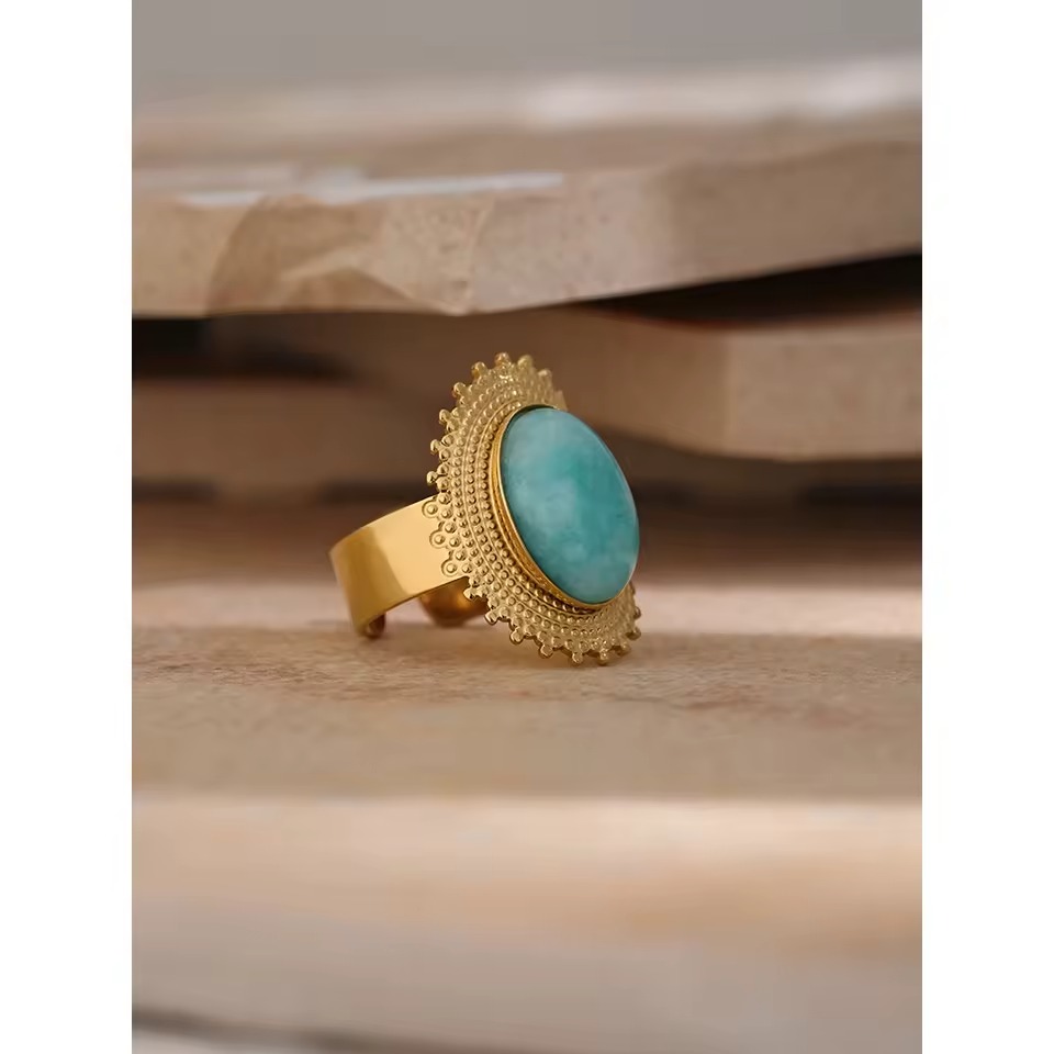 Anel Ajustável com pedra azul natural - Dourado
