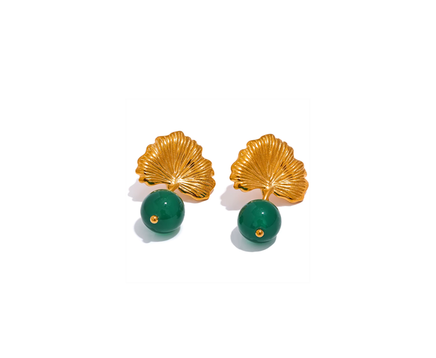 Brincos Folhas Pérola de àgua-doce/Pedra Verde