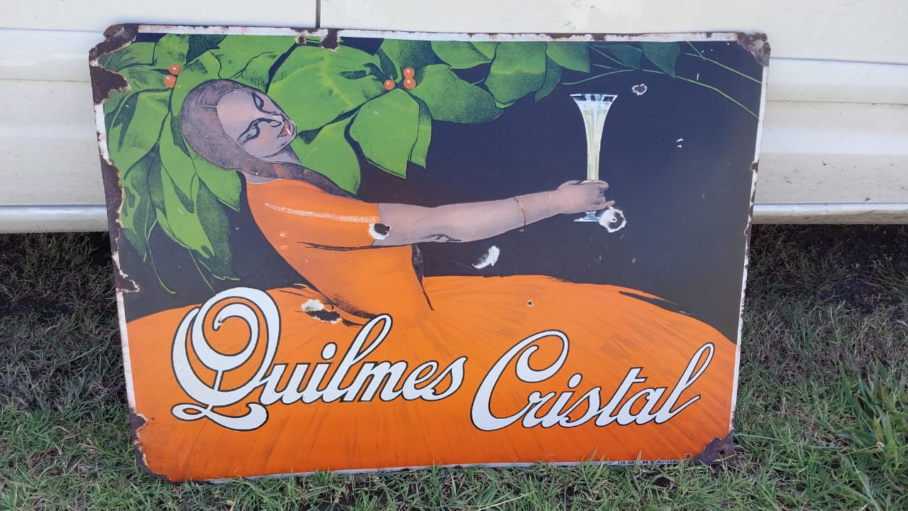Old Original Enamel Porcelain Quilmes Cristal Sign