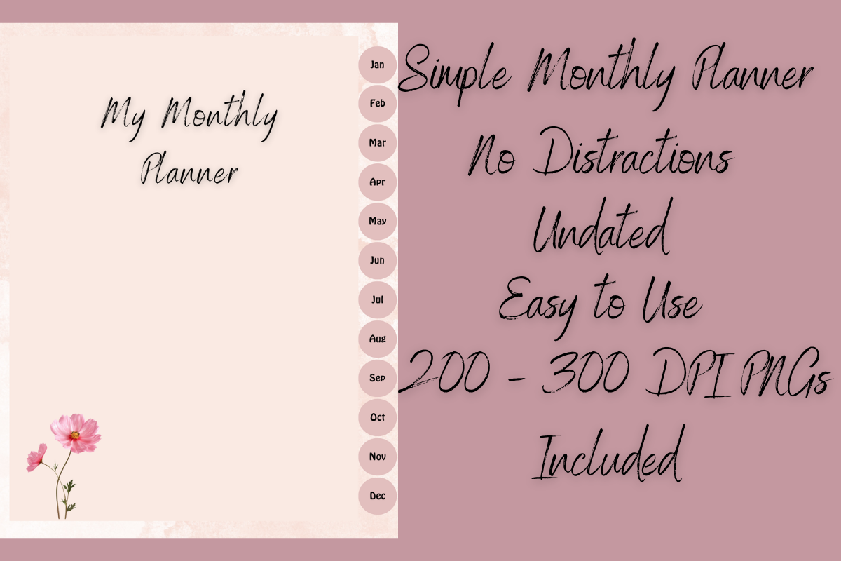 Simple Monthly Planner Template (Canva) with 200 Editable Elements + PNGs