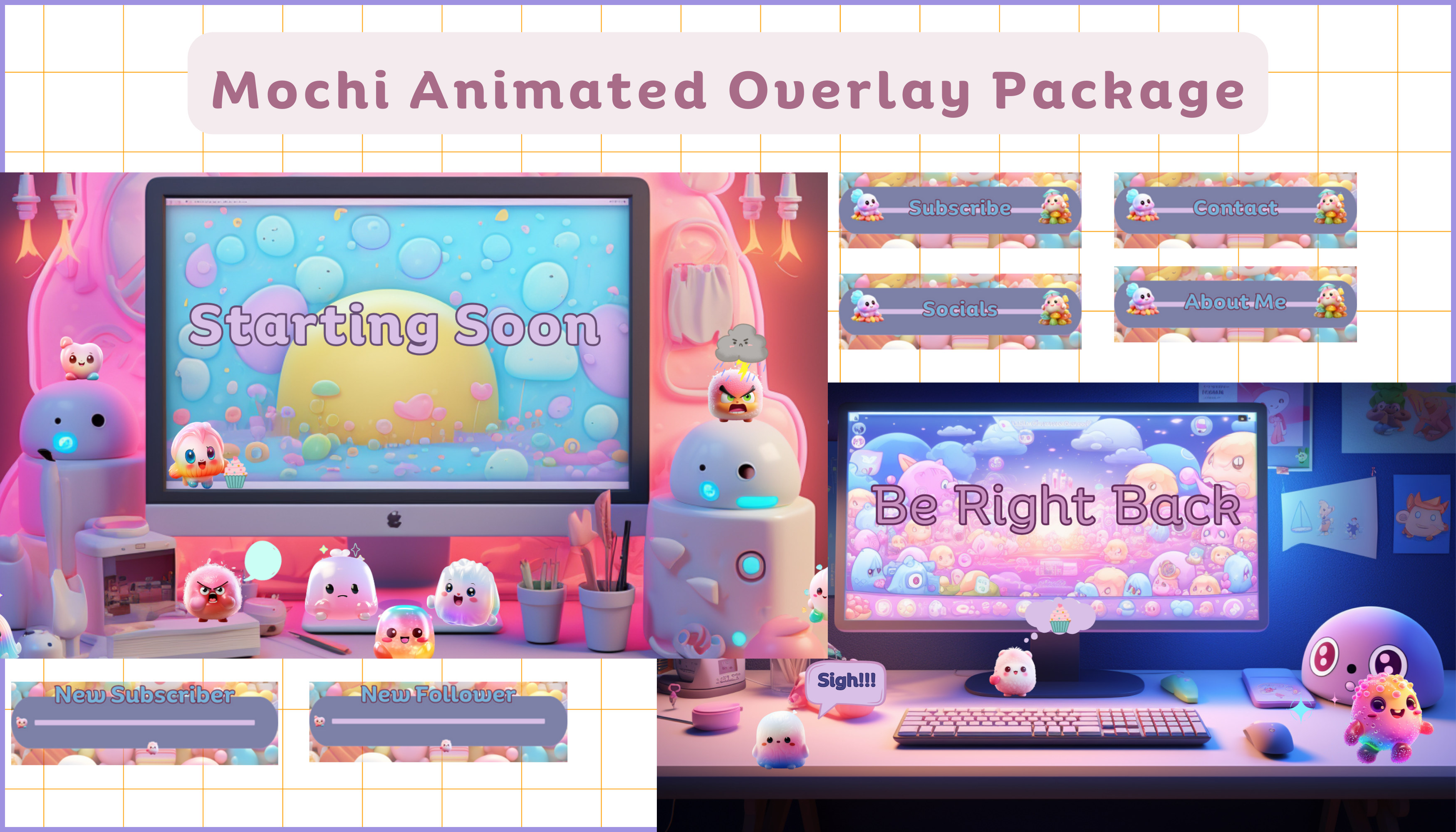 Animated Cute Twitch Overlay Pack - Mochi Cute Streamer Kit for Twitch, YouTube & Streaming Platforms - Pastel Aesthetic Overlays, Emotes, Alerts, and More