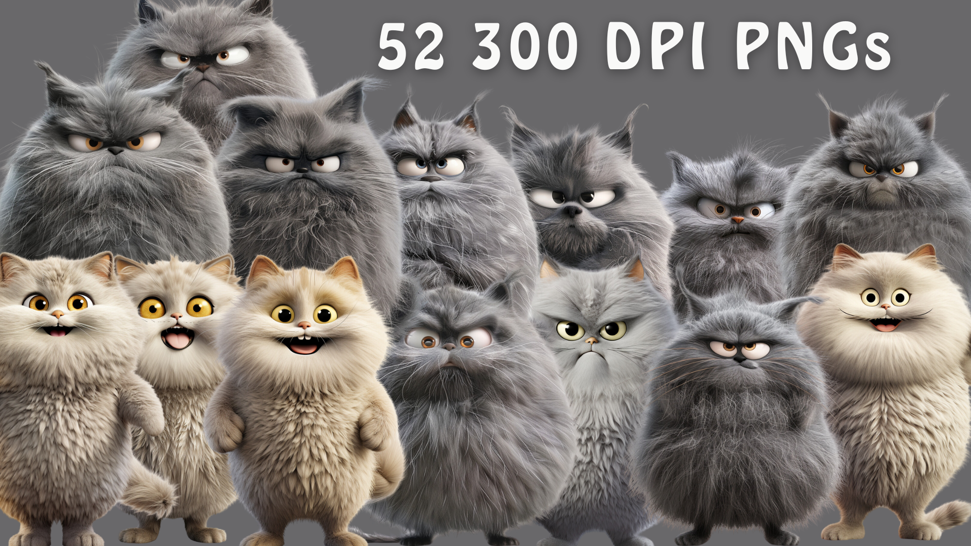 Puffy Cat PNGs - Set of 52 High-Resolution Clipart Images | Instant Download