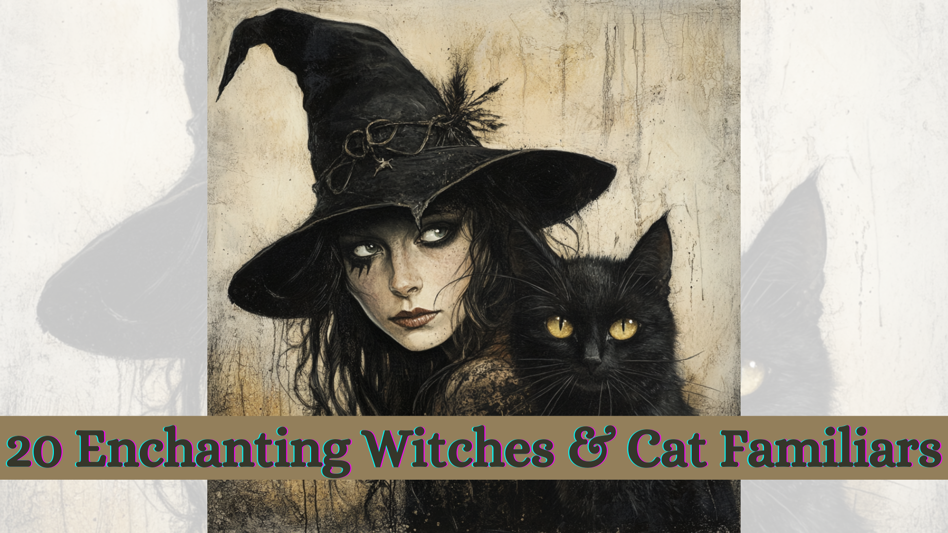Witching Companions: 20 Enchanting Witches & Cat Familiars - Halloween PNG & JPG + Editable Canva Template