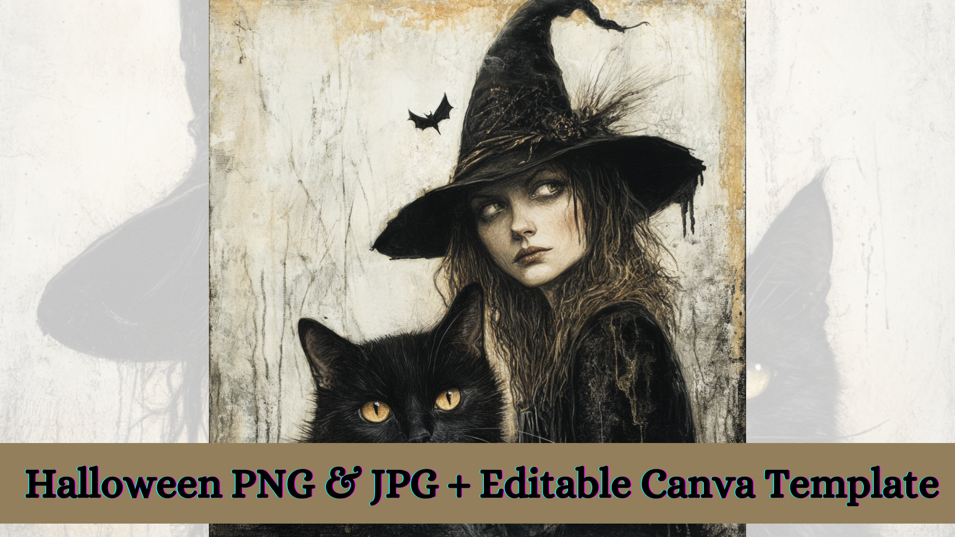 Witching Companions: 20 Enchanting Witches & Cat Familiars - Halloween PNG & JPG + Editable Canva Template