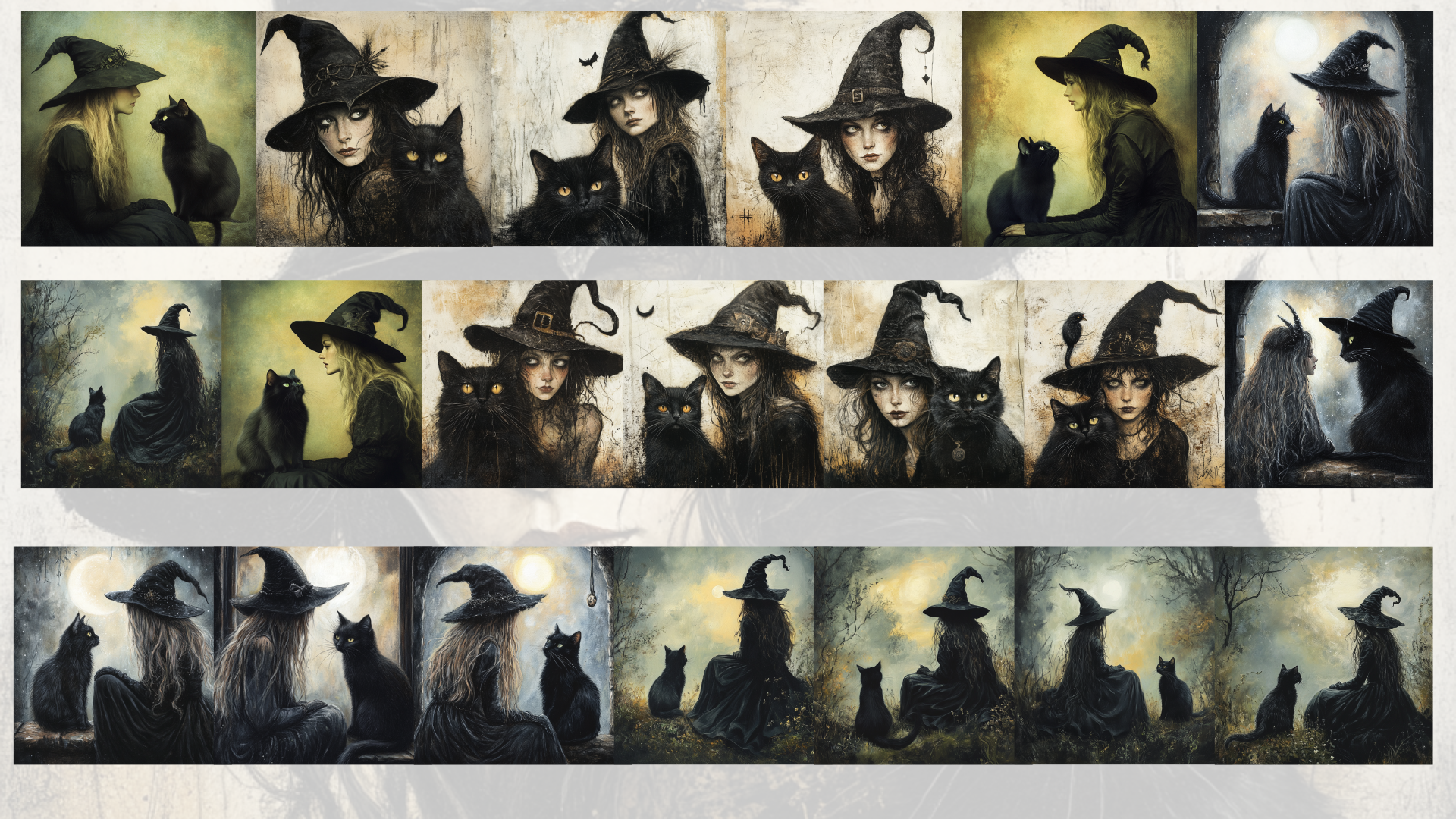 Witching Companions: 20 Enchanting Witches & Cat Familiars - Halloween PNG & JPG + Editable Canva Template