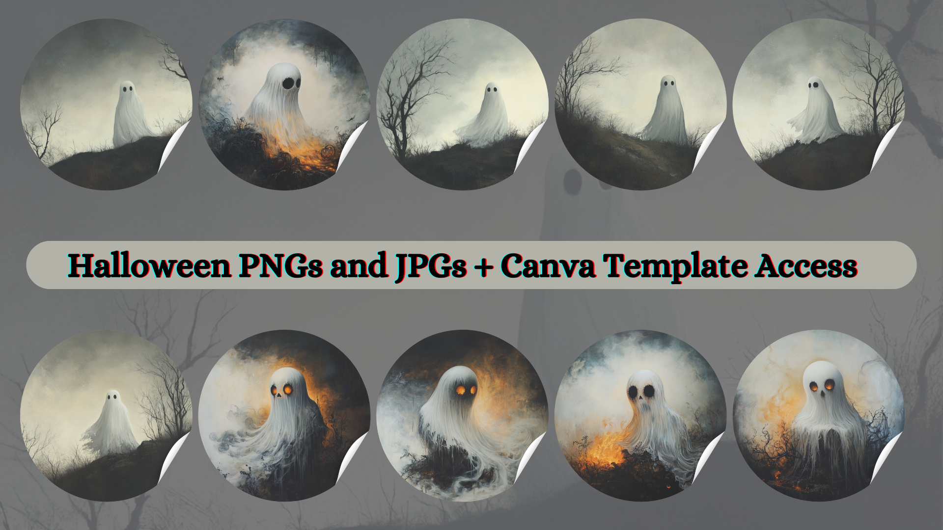 Lonely Spirits: 26 Hauntingly Beautiful Ghost Images - 12x12 inches in PNG & JPG + Editable Canva Template
