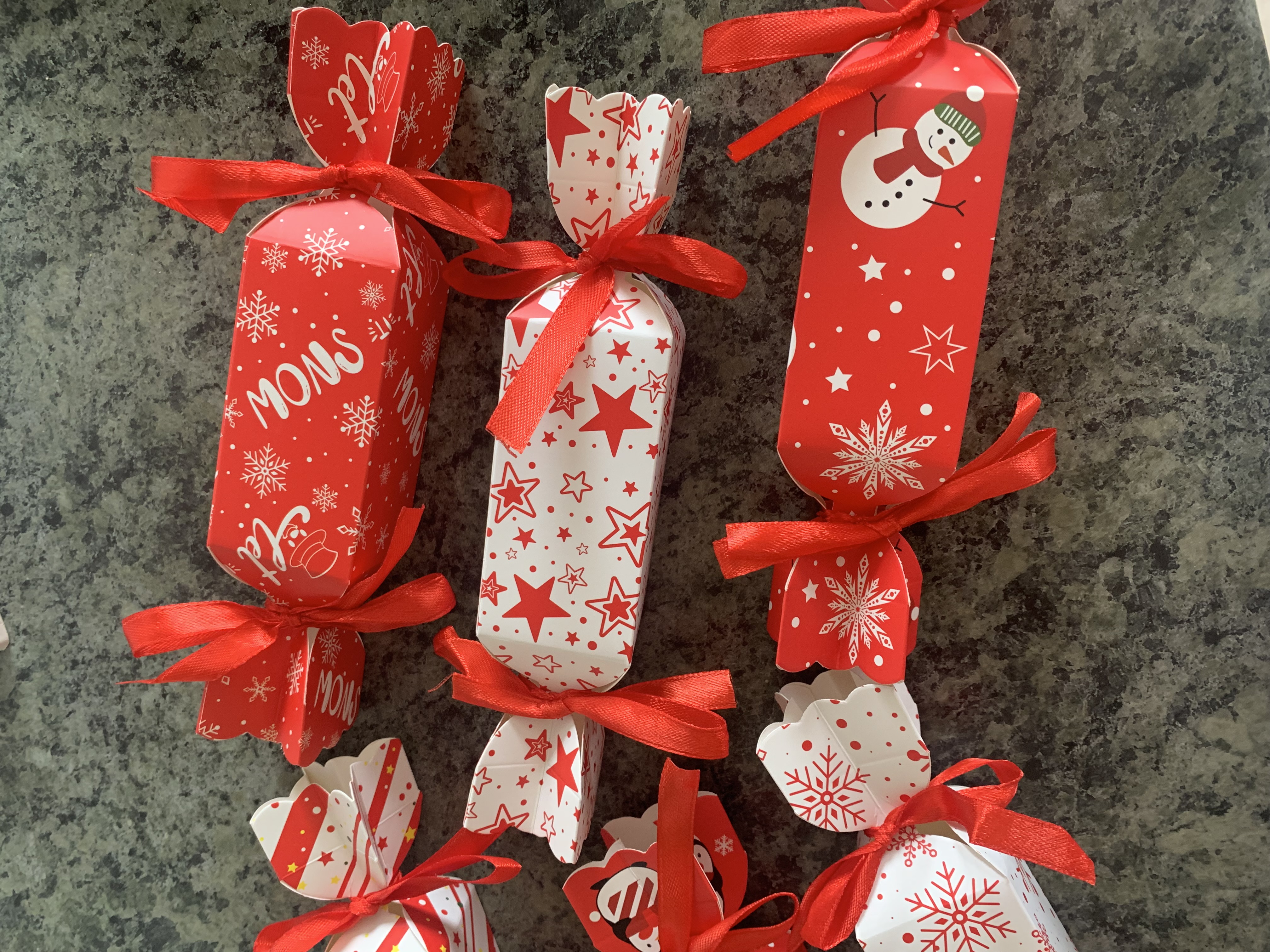Cracker style christmas favour box complete with sweets and ribbon