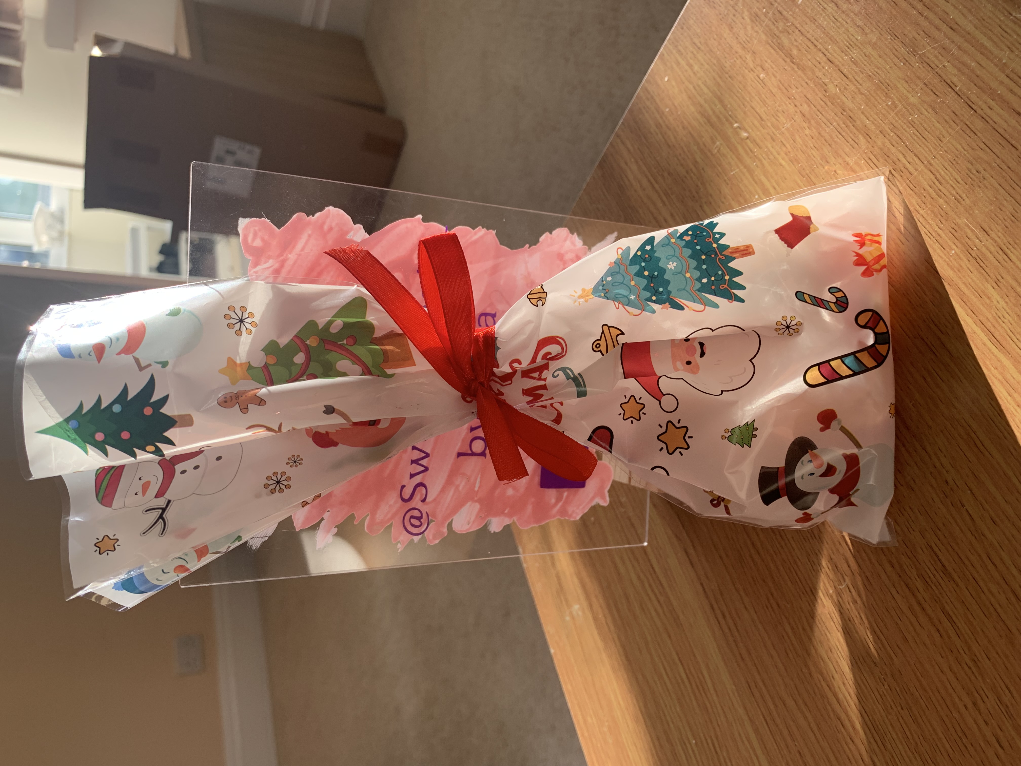 Christmas treat bag with sweets and two tone organza ribbon 