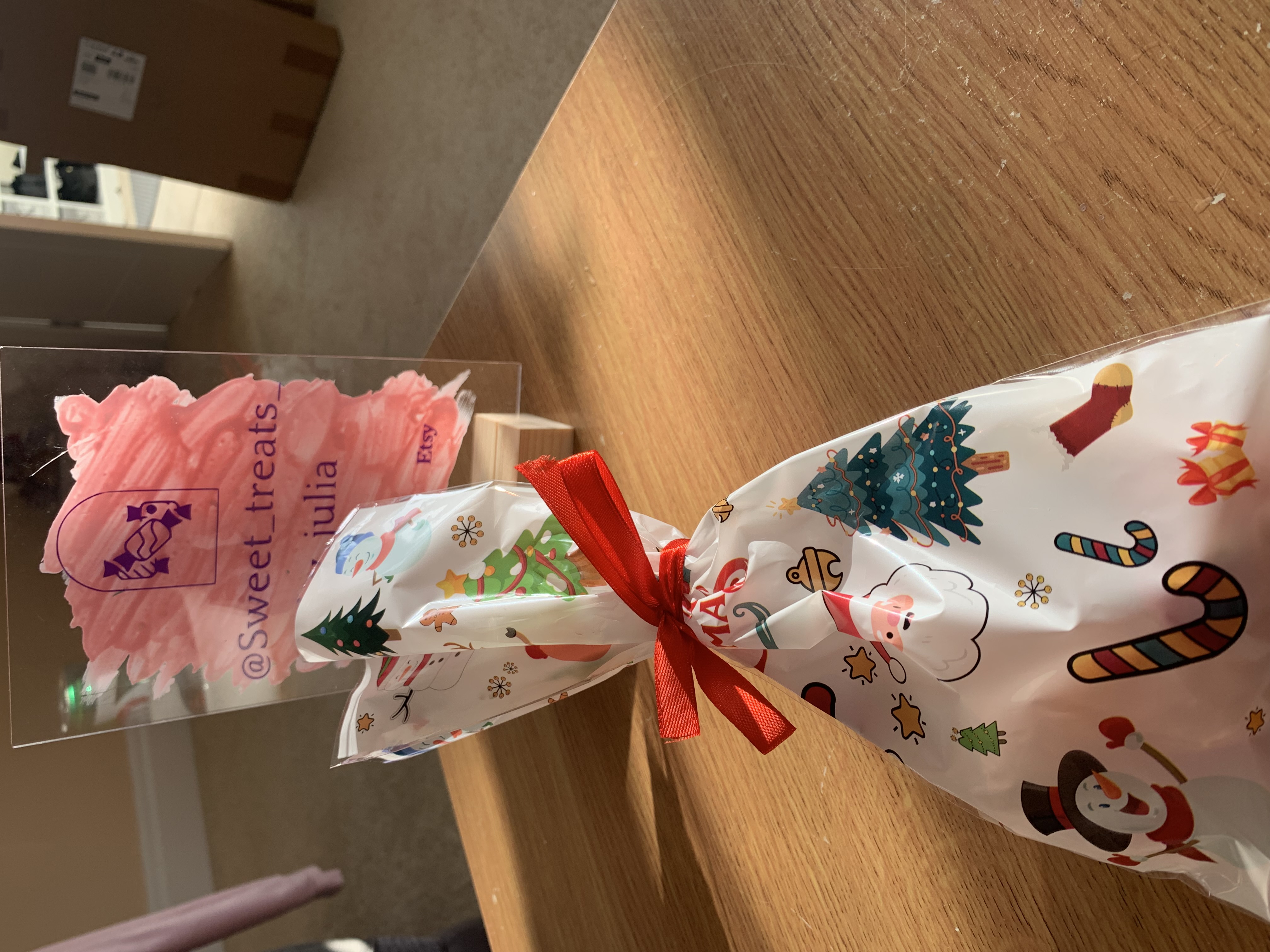 Christmas treat bag with sweets and two tone organza ribbon 