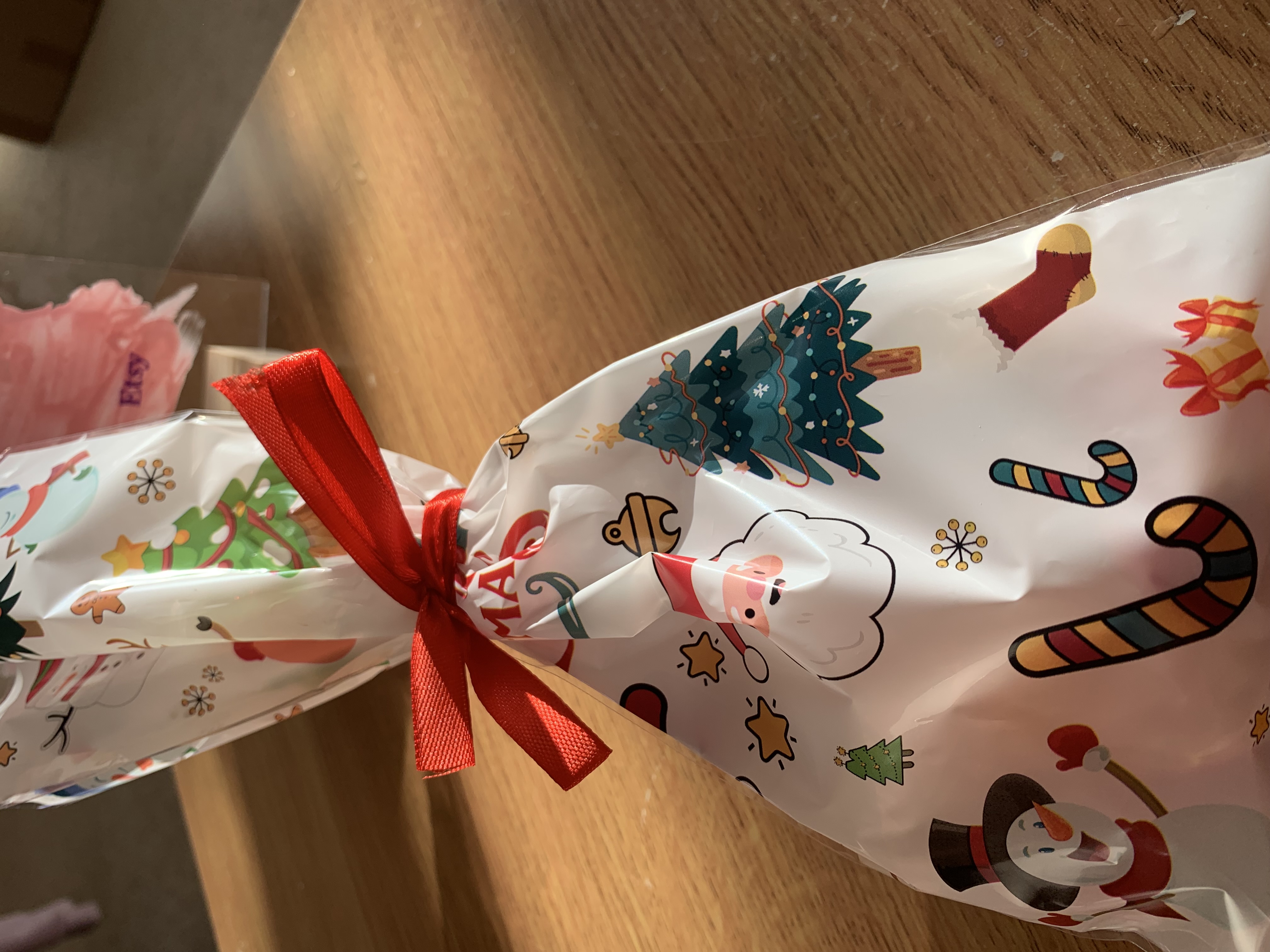 Christmas treat bag with sweets and two tone organza ribbon 