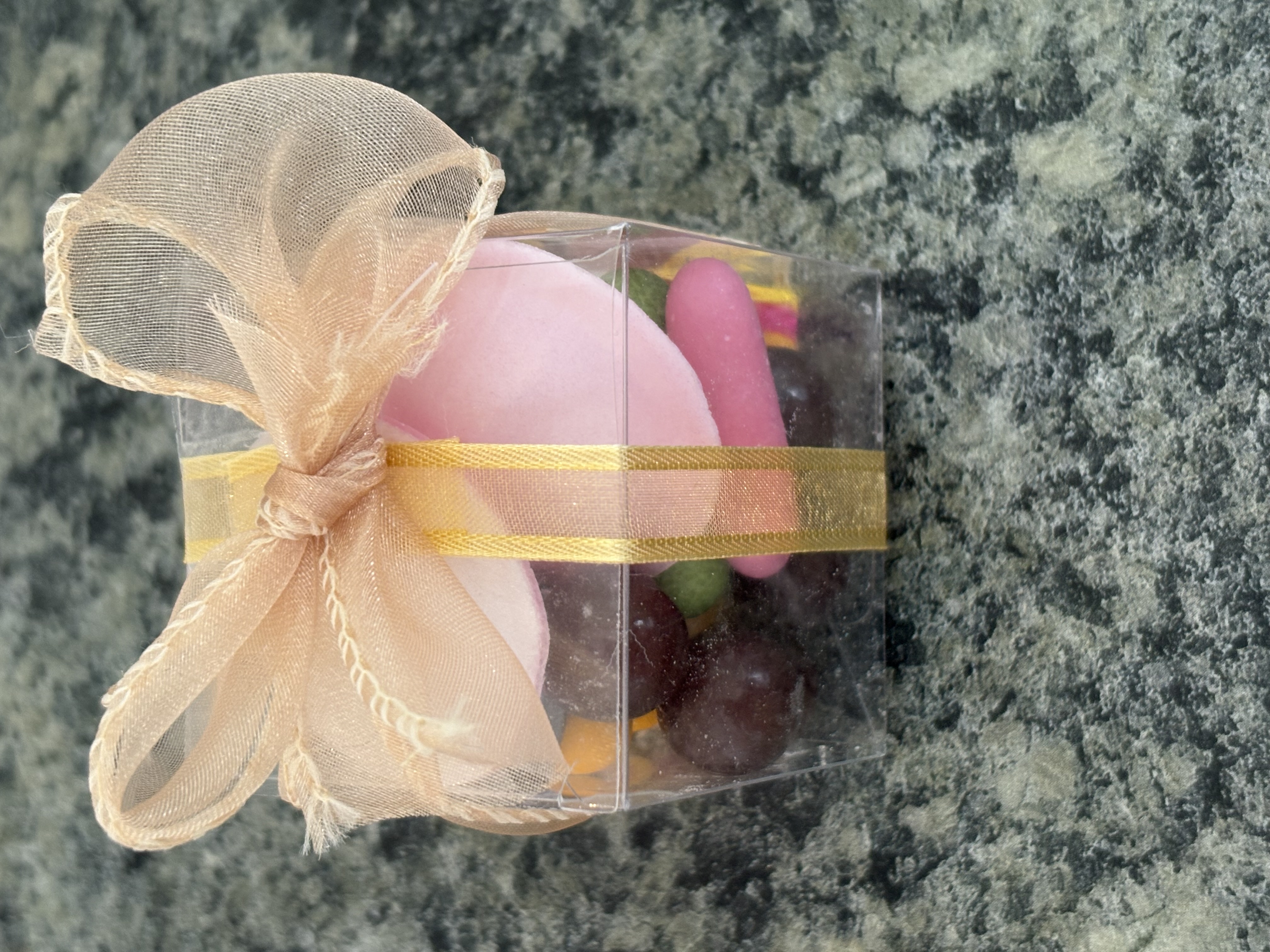 Retro sweets sweet cube complete with a variety of old school favourites and beautiful organza ribbon
