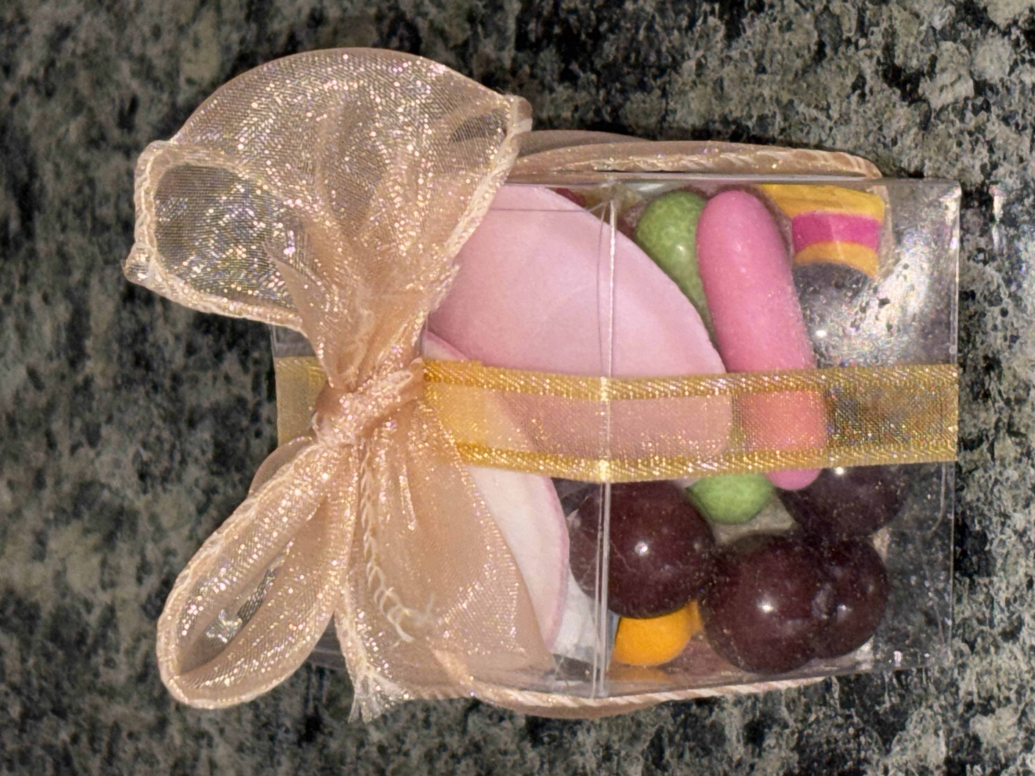 Retro sweets sweet cube complete with a variety of old school favourites and beautiful organza ribbon