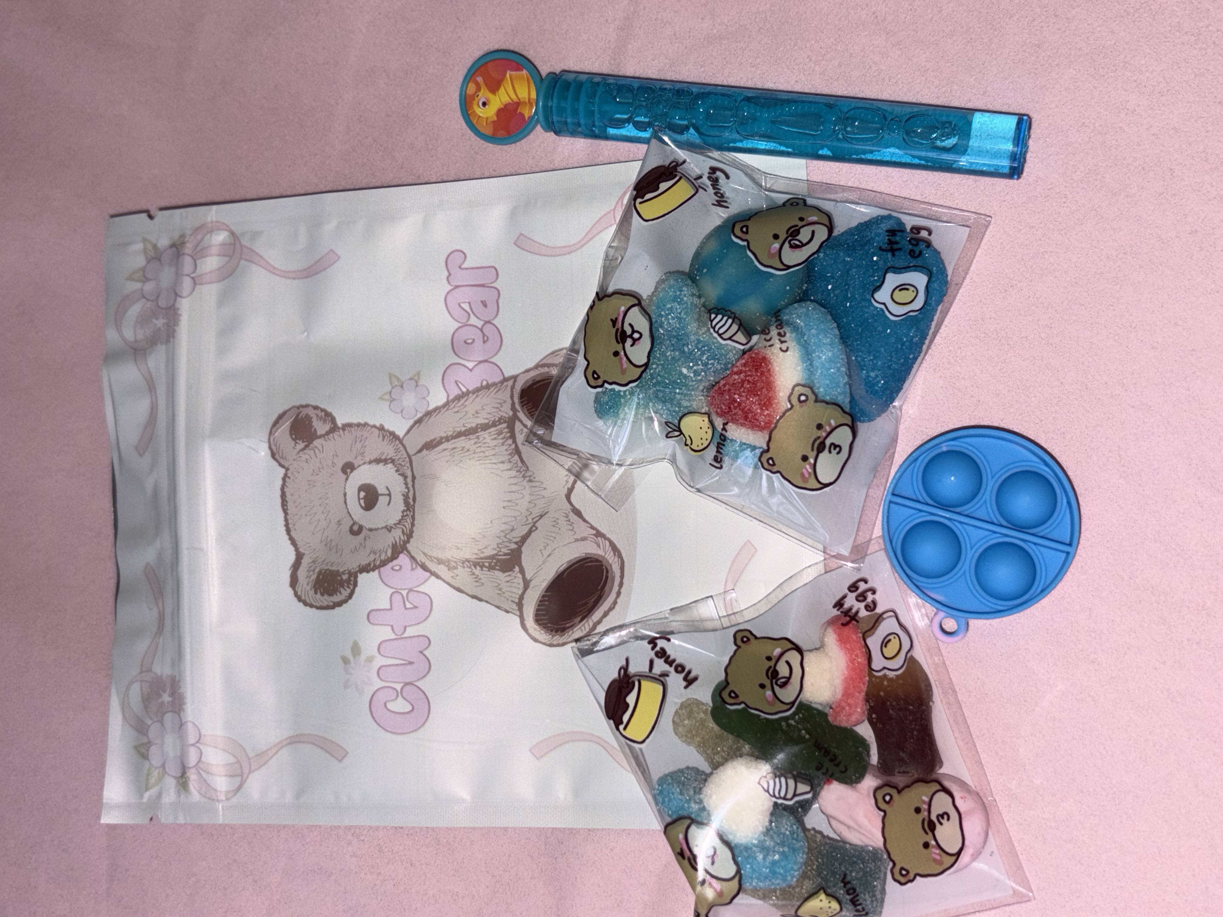 Cute Bear Pouch including sweets and small treats.