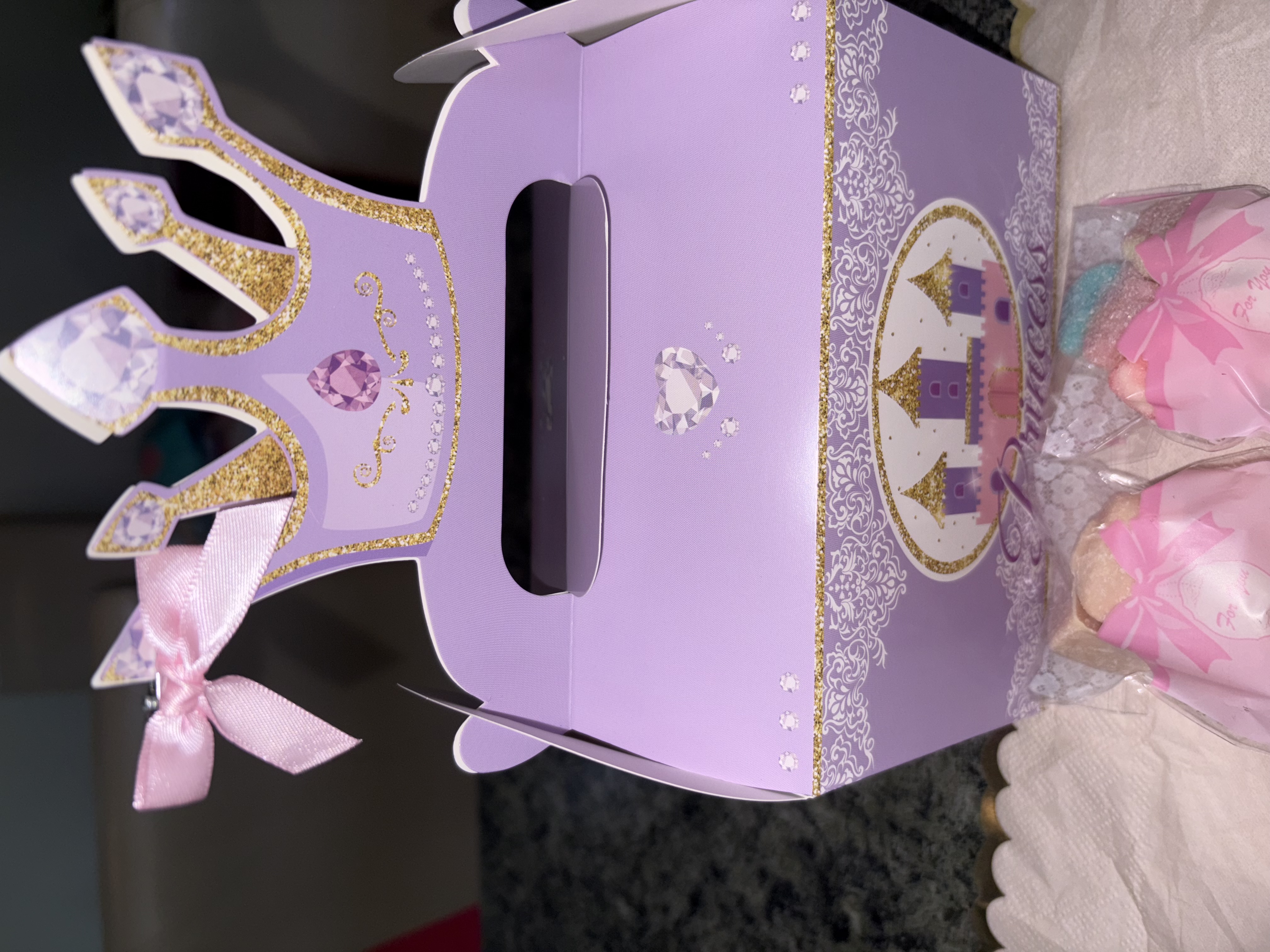 Princess party treat box in purple or pink