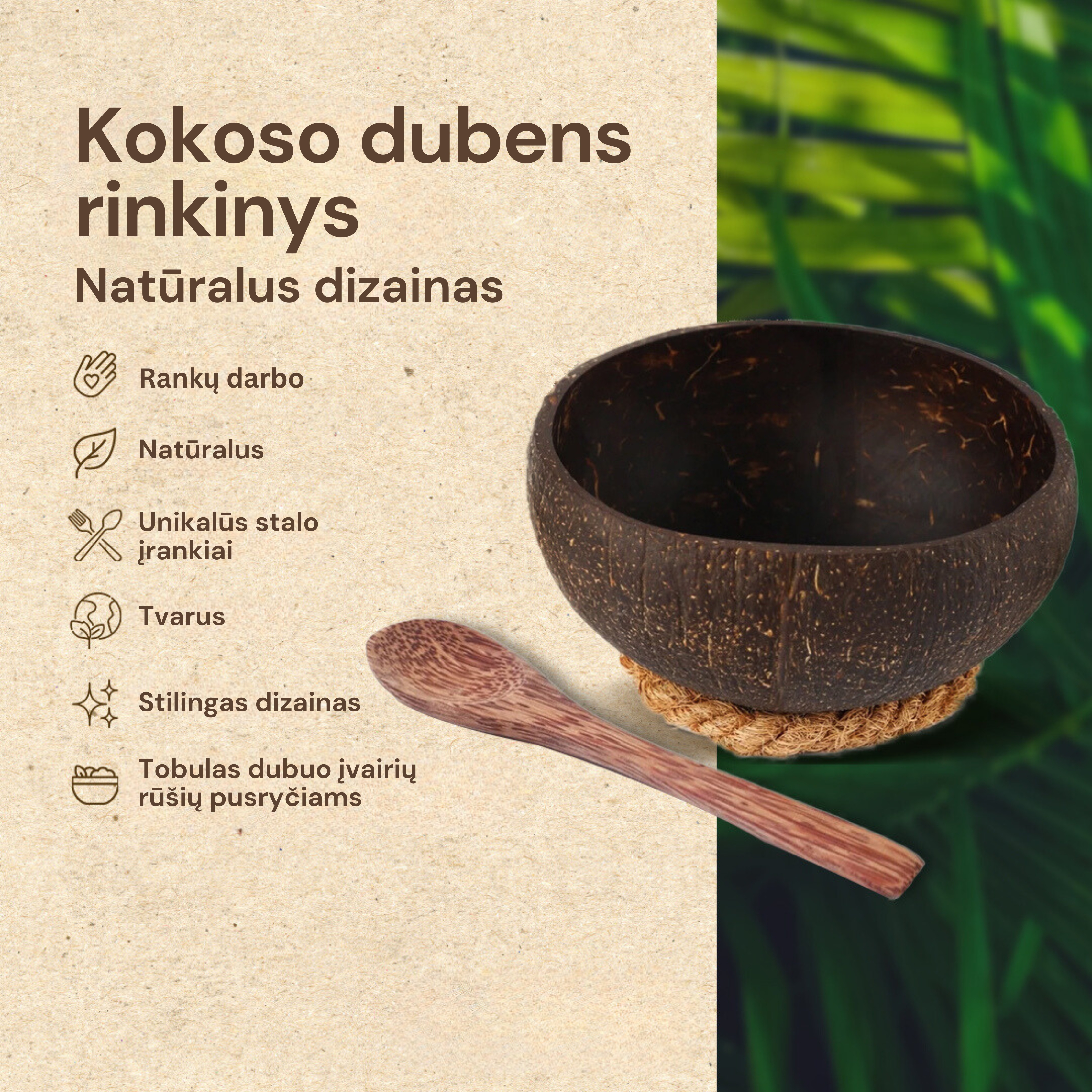 Poliruoto kokoso dubens rinkinys