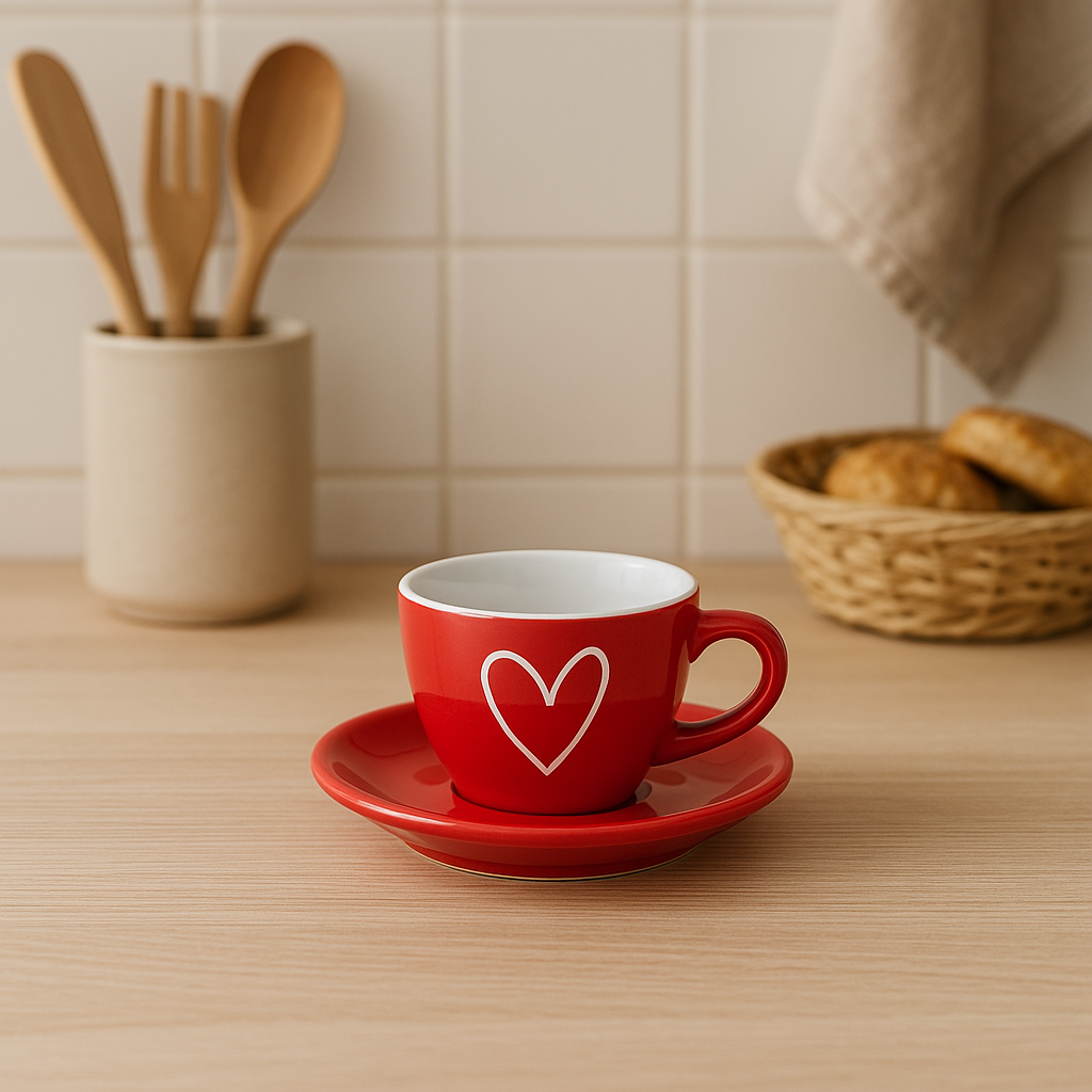 Raudonas espresso puodelis su lėkštute