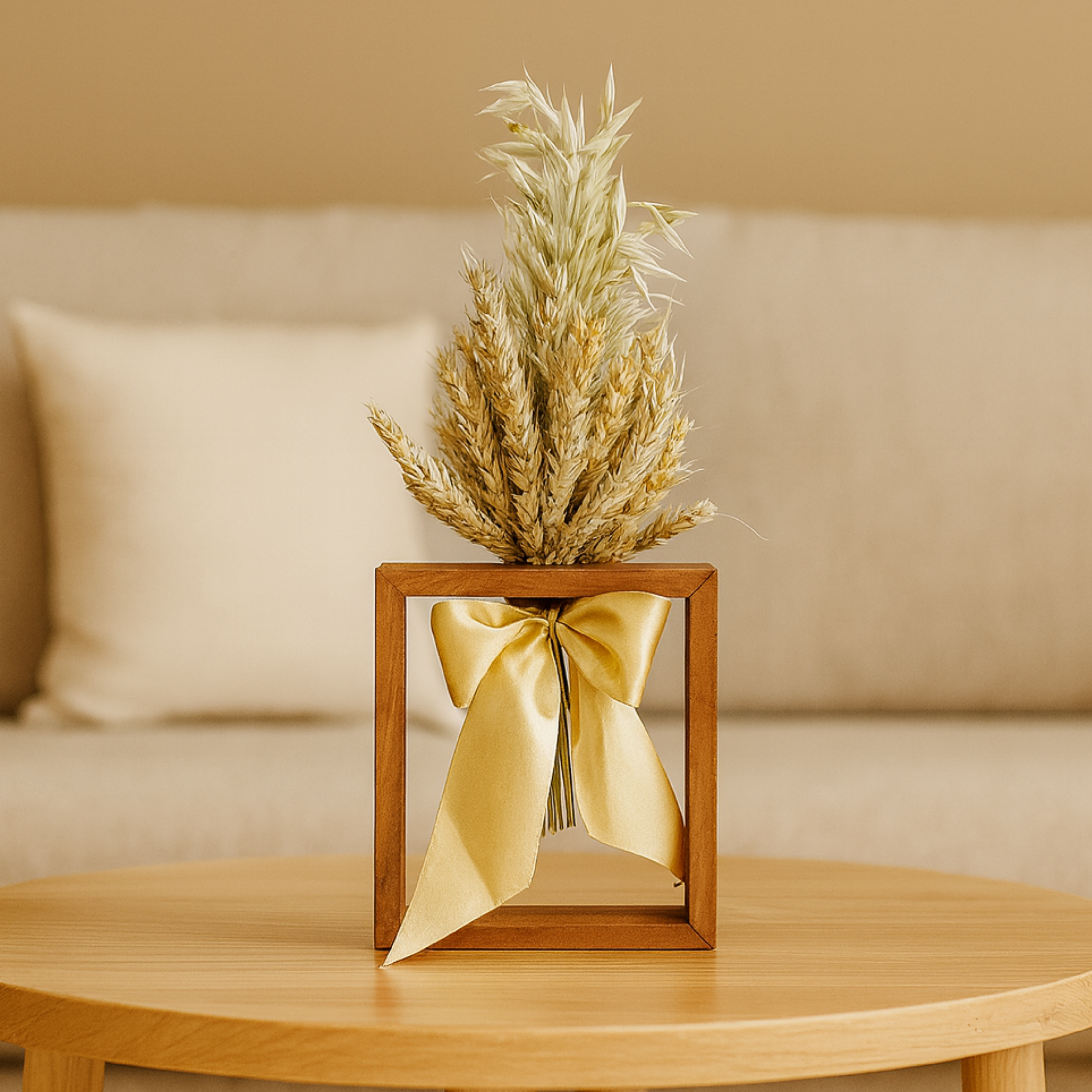 Džiovintų grūdų kompozicija su šviesiu kaspinu