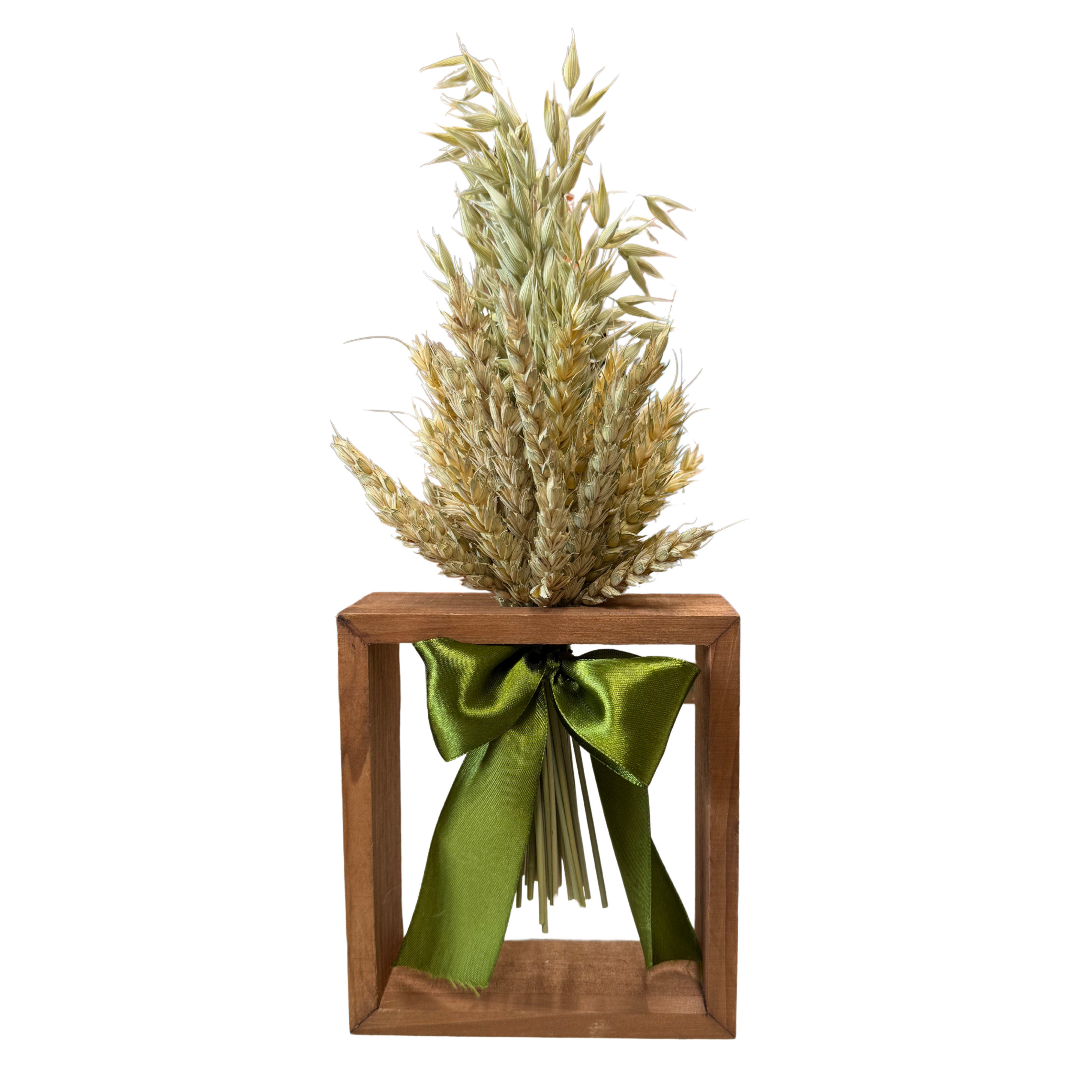 Džiovintų grūdų kompozicija su žaliu kaspinu