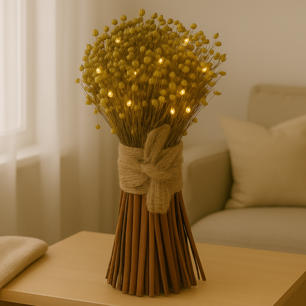 Šviečiantis džiovintų linų ryšulys