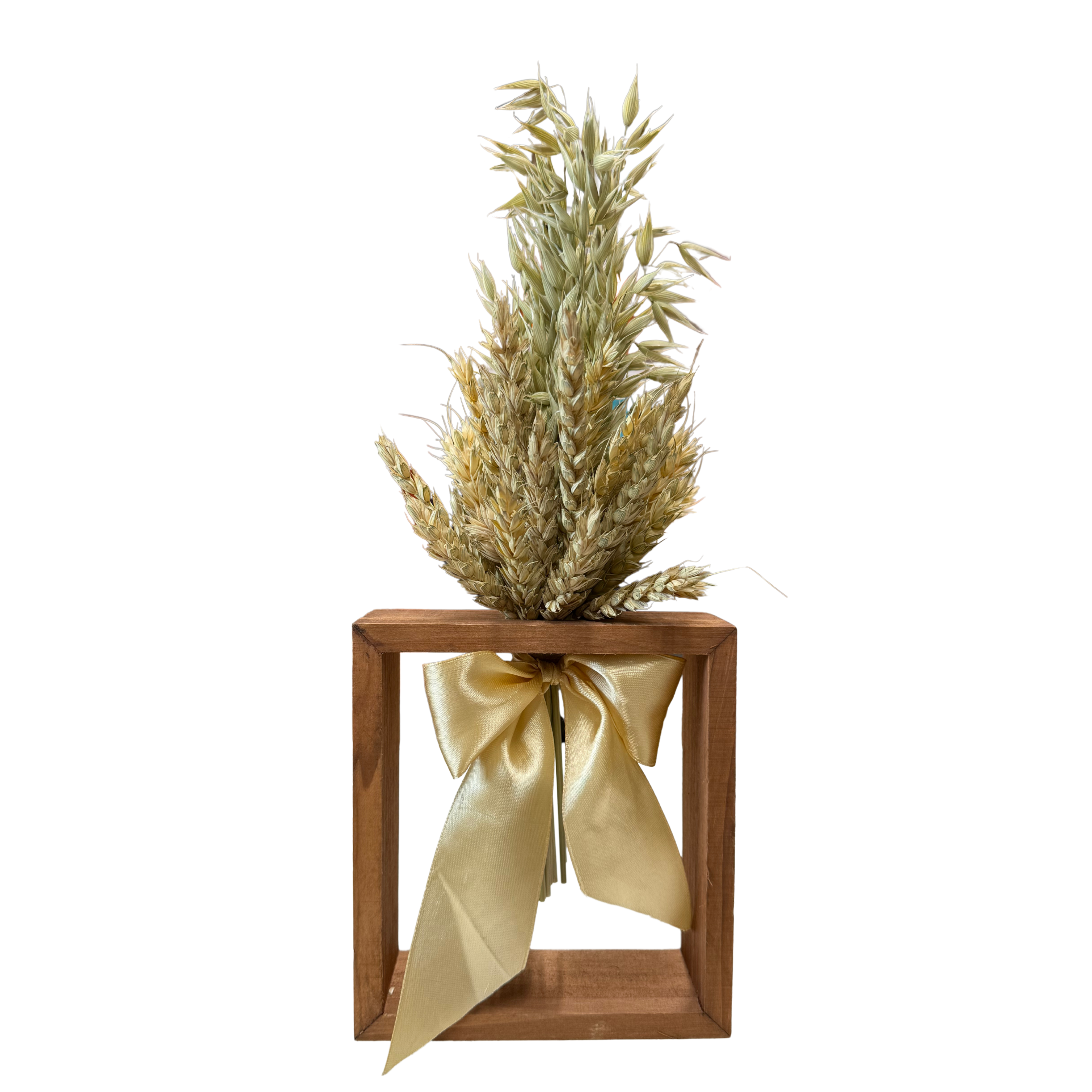 Džiovintų grūdų kompozicija su šviesiu kaspinu