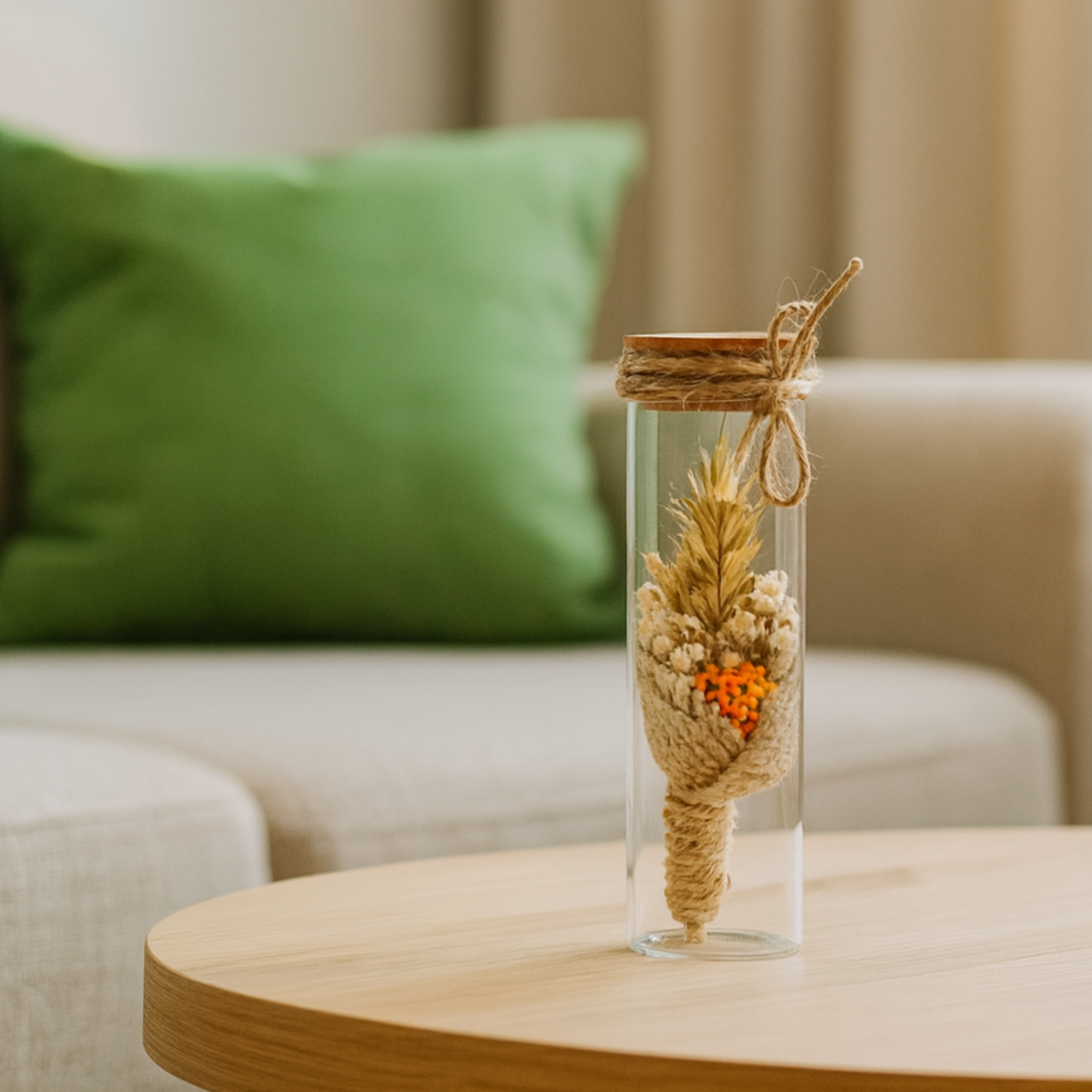 Džiovintų gėlių puokštelė stiklinėje kolboje