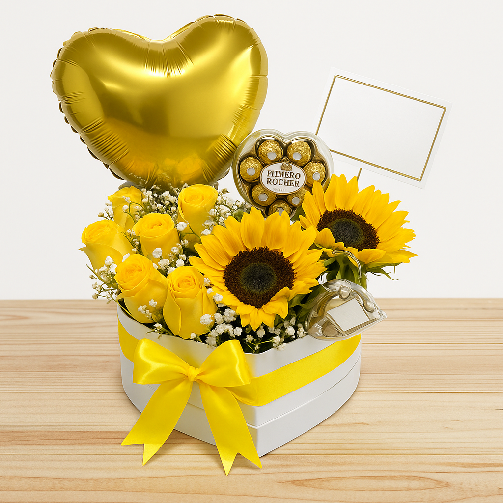 Caja de rosas con chocolates y girasoles (blanca)