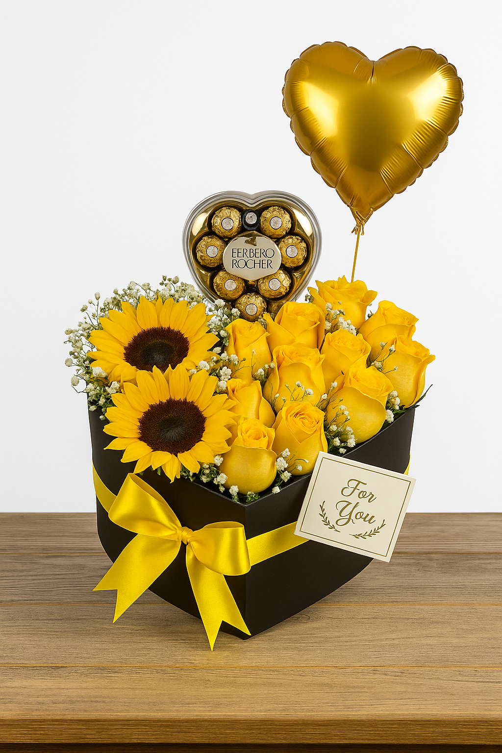 Caja de rosas con chocolates Ferrero y girasol (negra)