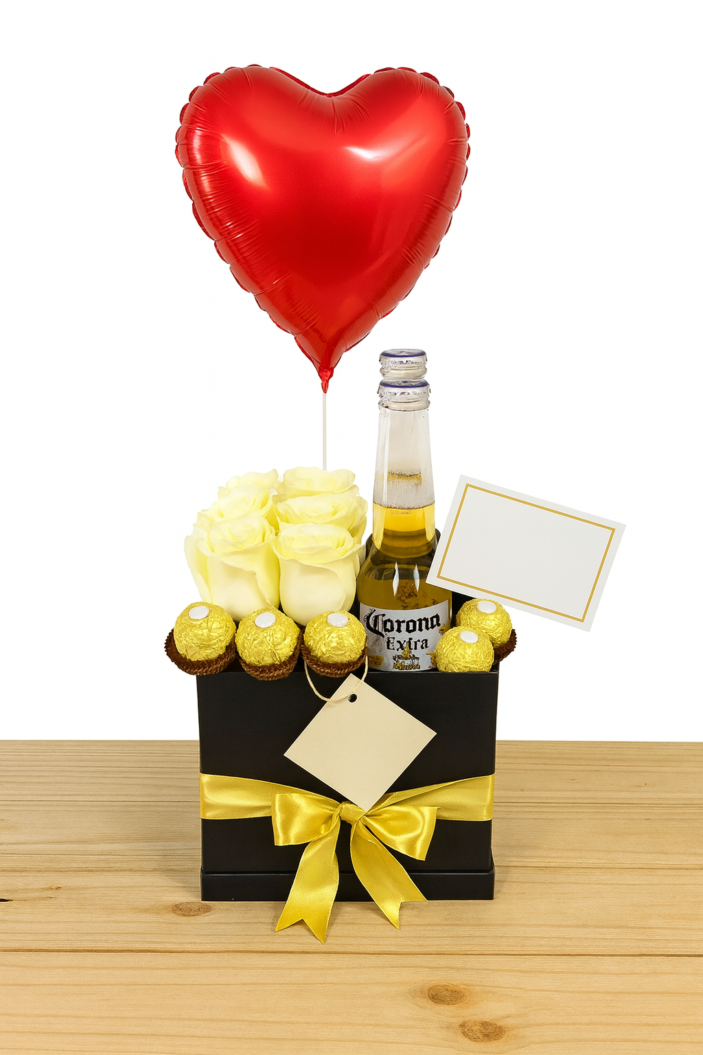 Rosas cervezas y chocolates (globo rojo)