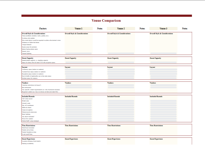 Venue Comparison Sheet