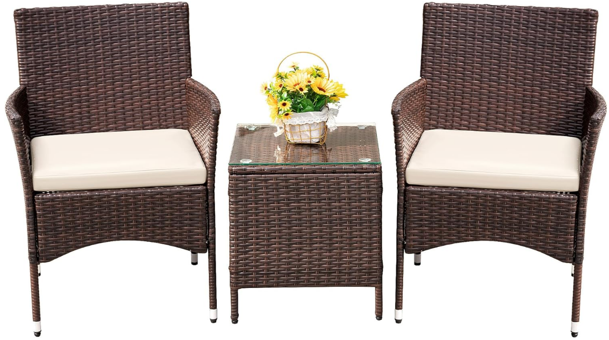Patio Porch Furniture Sets 3 Pieces PE Rattan Wicker Chairs with Table Outdoor Garden Furniture Sets (Brown/Beige)