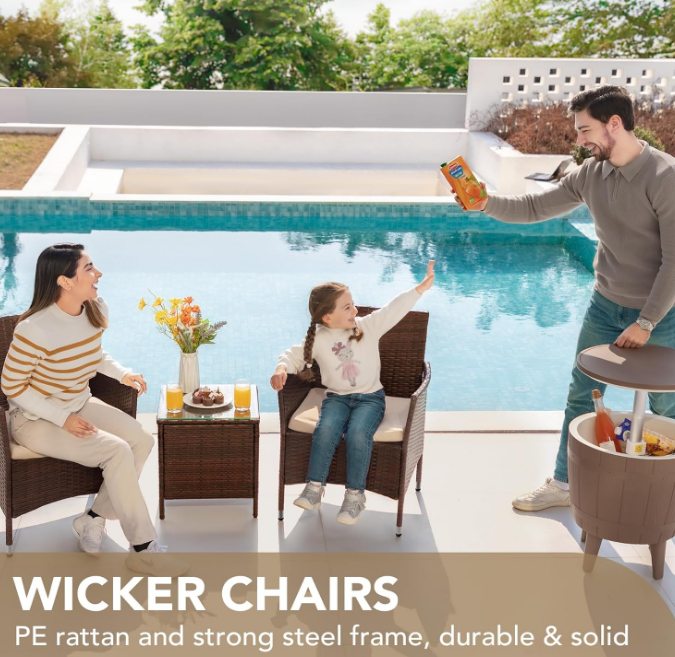 Patio Porch Furniture Sets 3 Pieces PE Rattan Wicker Chairs with Table Outdoor Garden Furniture Sets (Brown/Beige)