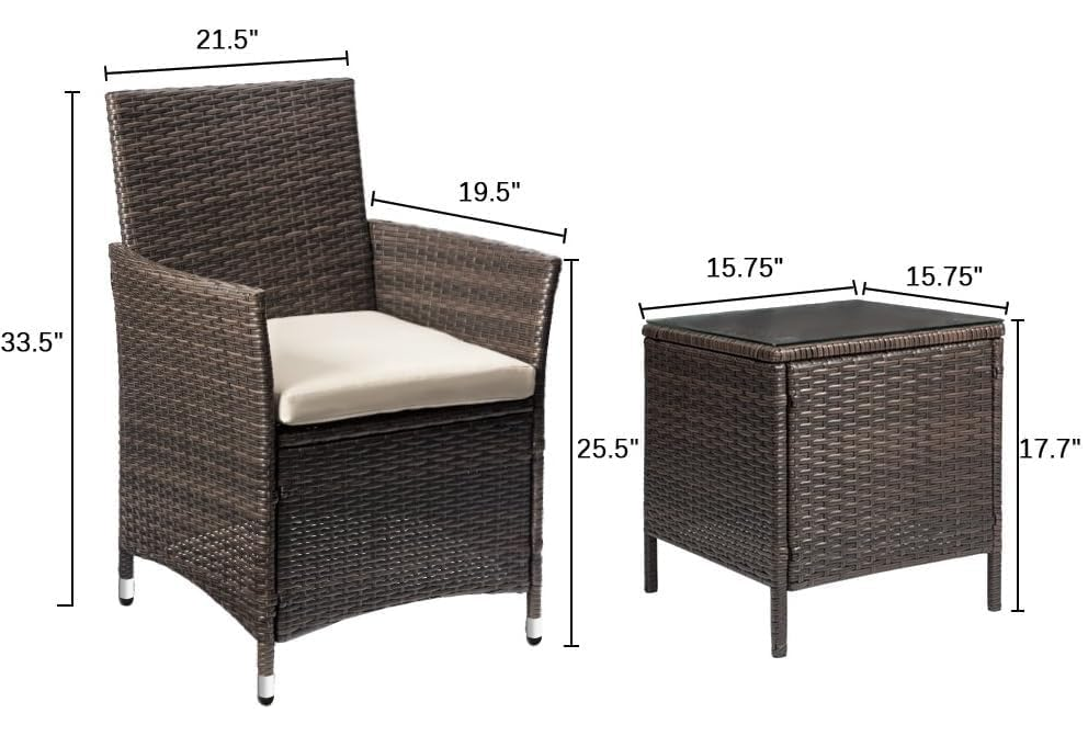 Patio Porch Furniture Sets 3 Pieces PE Rattan Wicker Chairs with Table Outdoor Garden Furniture Sets (Brown/Beige)