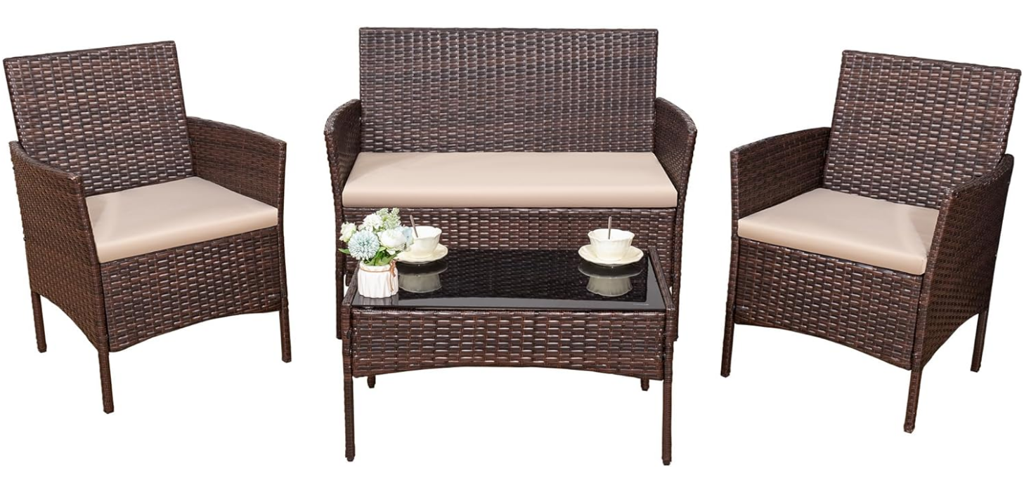 4 Pieces Outdoor Patio Furniture Set, PE Rattan Wicker Chairs Balcony Lawn Porch Patio Furniture Sets with Beige Cushion and Table (Brown)