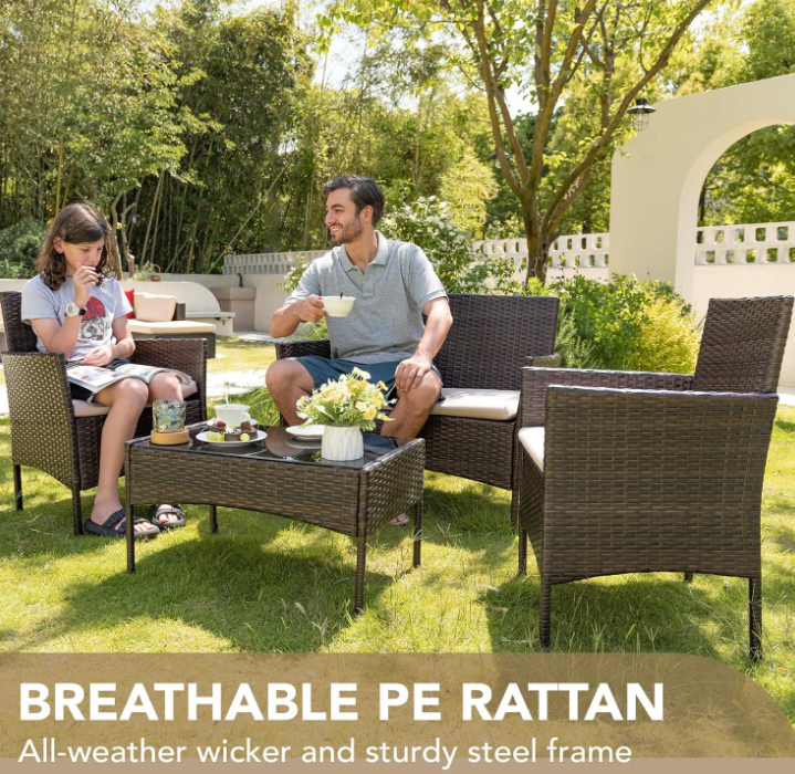 4 Pieces Outdoor Patio Furniture Set, PE Rattan Wicker Chairs Balcony Lawn Porch Patio Furniture Sets with Beige Cushion and Table (Brown)