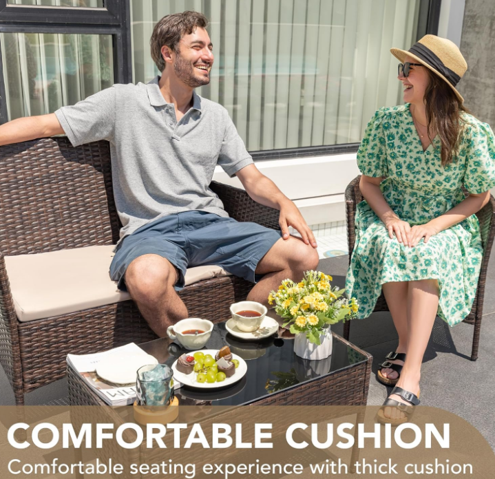 4 Pieces Outdoor Patio Furniture Set, PE Rattan Wicker Chairs Balcony Lawn Porch Patio Furniture Sets with Beige Cushion and Table (Brown)